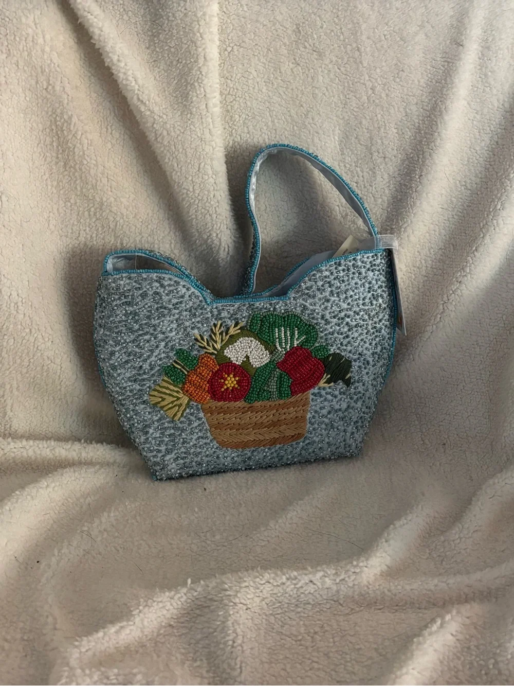Light Blue Beaded Tote with Embroidered Floral Basket